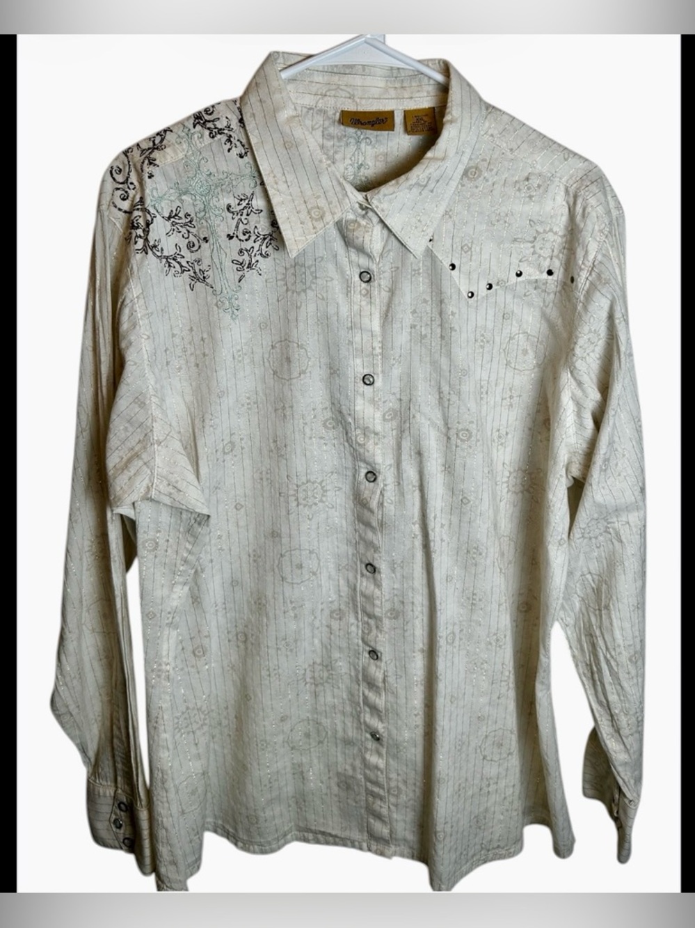Wrangler Womens XXL Cream Snap Western Shirt Teal Brown Embroidery Cross Studs